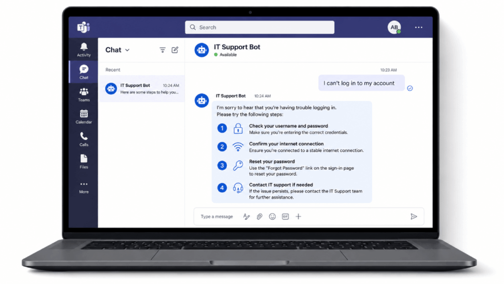 A laptop displays a Microsoft Teams chat with an IT Support Bot, offering troubleshooting steps in response to a user saying, “I can’t log in to my account.” The interface shows chat, calls, and other navigation options.