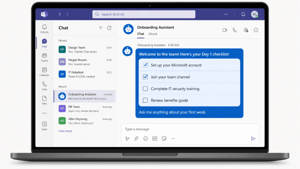 A laptop screen displays Microsoft Teams with a chat open from the Onboarding Assistant, showing a Day 1 checklist: set up Microsoft account, join team channel, complete IT training, and review benefits guide.