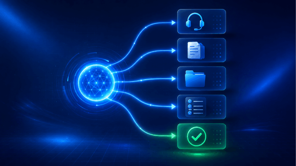 A glowing digital sphere on the left connects by blue lines to five icons: a headset, a document, a folder, a checklist, and a green checkmark, symbolizing interconnected digital processes on a dark blue background.