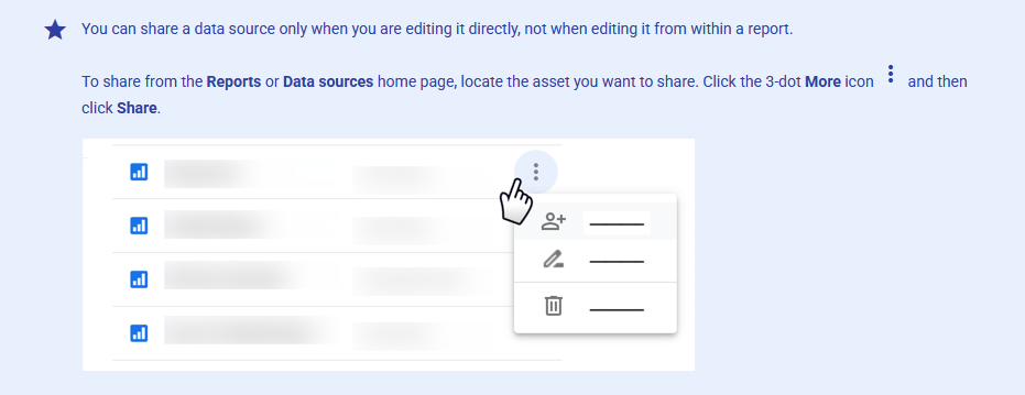 A user interface showing a list of blurred data sources. A hand cursor clicks the 3-dot More icon next to a source, opening a menu with share, edit, and other options. Instructional text appears above.