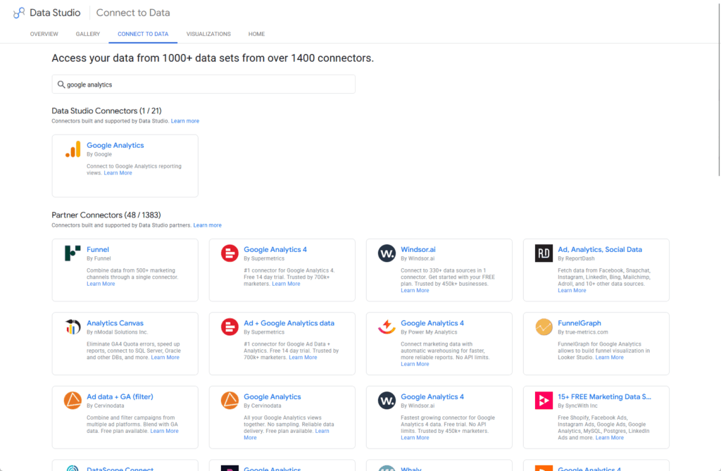 A screenshot of the Data Studio “Connect to Data” page shows various data connectors, including Google Analytics, Funnel, and Adverity, with descriptions and options to learn more or connect.