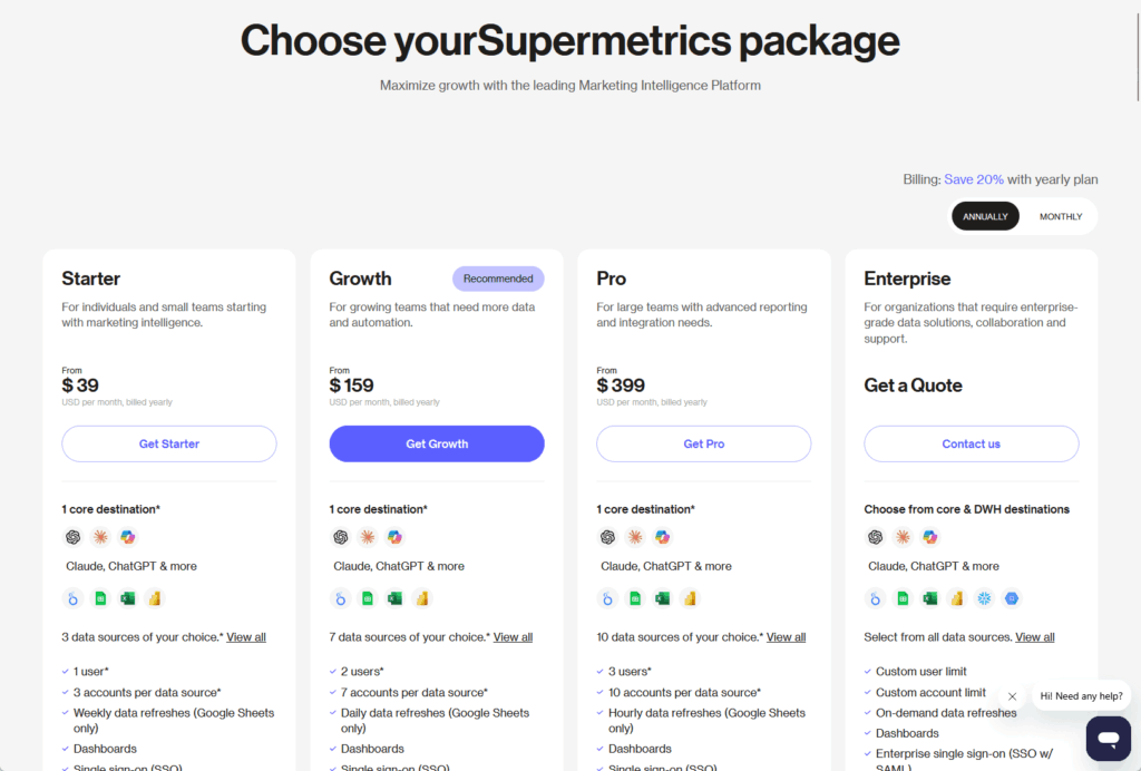 A pricing comparison chart for Supermetrics shows four packages—Starter, Growth, Pro, and Enterprise—with different monthly prices, features, and options for annual or monthly billing. The Growth plan is highlighted as recommended.