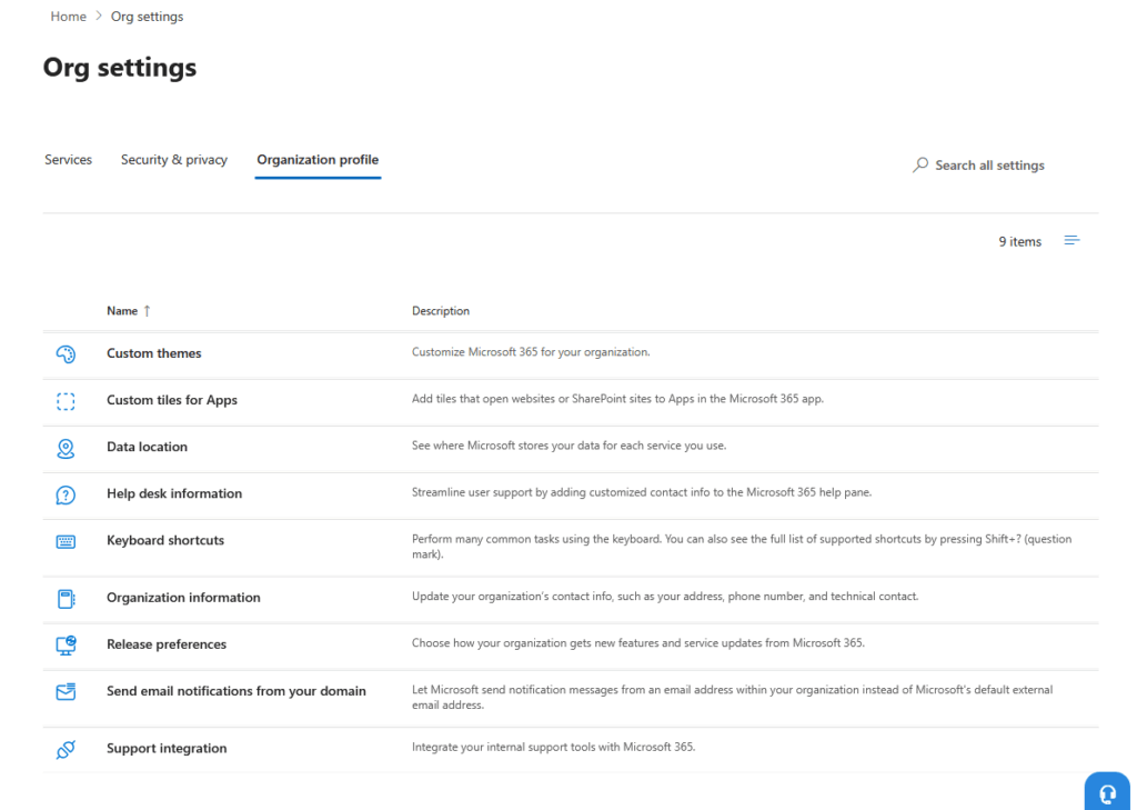 Screenshot of the Organization profile settings page in Microsoft 365, showing a list of configuration options such as Custom themes, Custom tiles for Apps, Data location, Help desk information, and more, with descriptions.