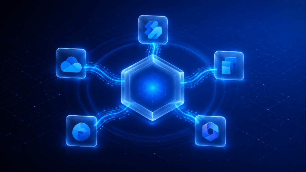 A glowing hexagon in the center connects to five floating app icons via blue lines on a digital, dark blue background, representing digital connectivity or integration.