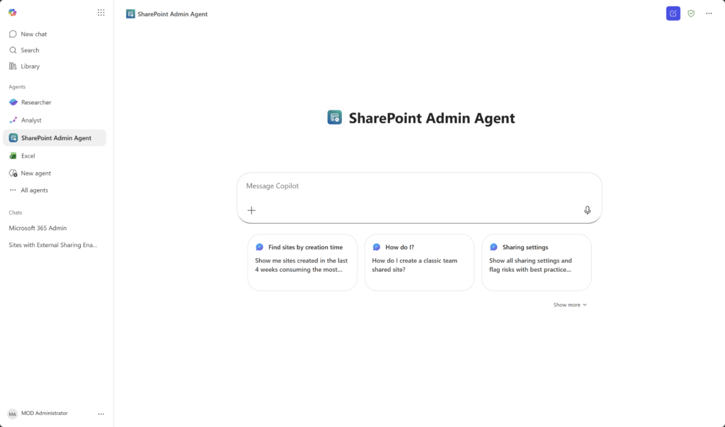 Screenshot of the SharePoint Admin Agent interface, showing a search bar labeled Message Copilot and three help topic cards: Find site by creation time, How do I delete a classic team site? and Sharing settings.