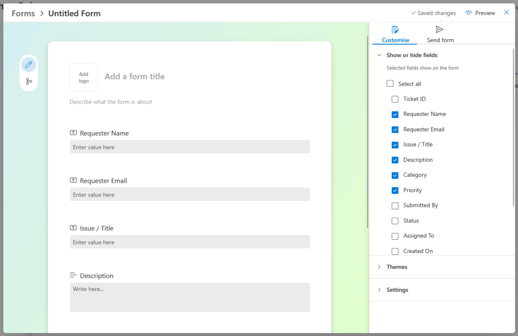 A screenshot of a form builder interface showing a form with fields for requester name, email, issue/title, and description. On the right, options to customize which form fields are visible are displayed.