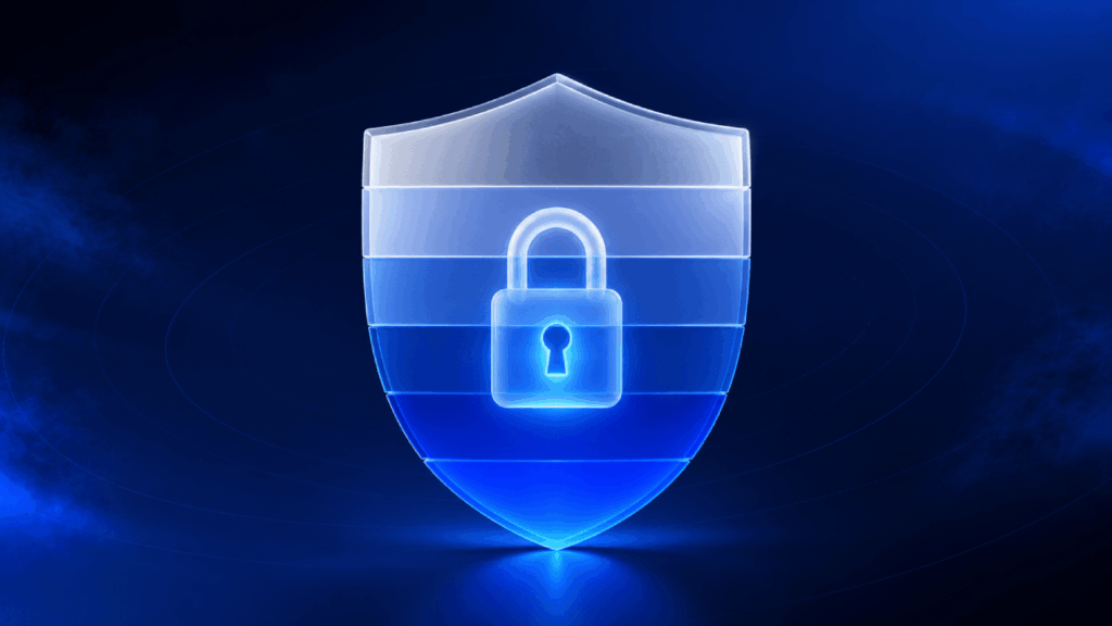 A glowing blue shield with a padlock symbol in the center appears on a dark blue background, representing security and protection.