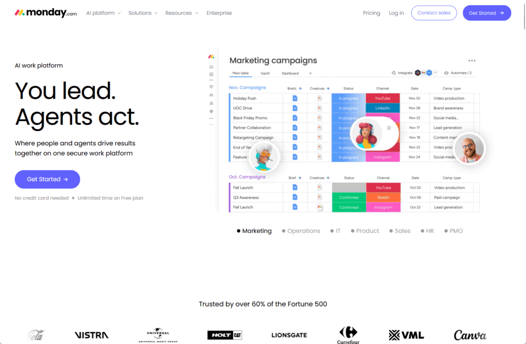 A monday.com web page showing a dashboard titled Marketing campaigns, with columns for campaign names, statuses, owners, and dates. Text reads, You lead. Agents act. and Get Started alongside company logos at the bottom.