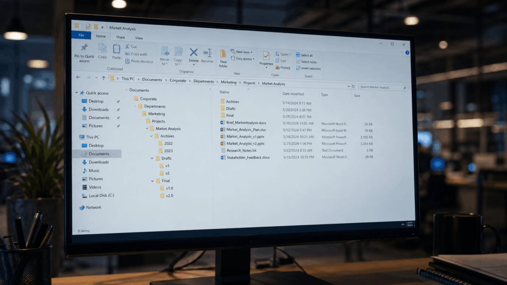 A computer monitor displays a Windows File Explorer window open to a “Market Analysis” project folder, showing several Excel files and subfolders in an office setting with blurred desks and lights in the background.