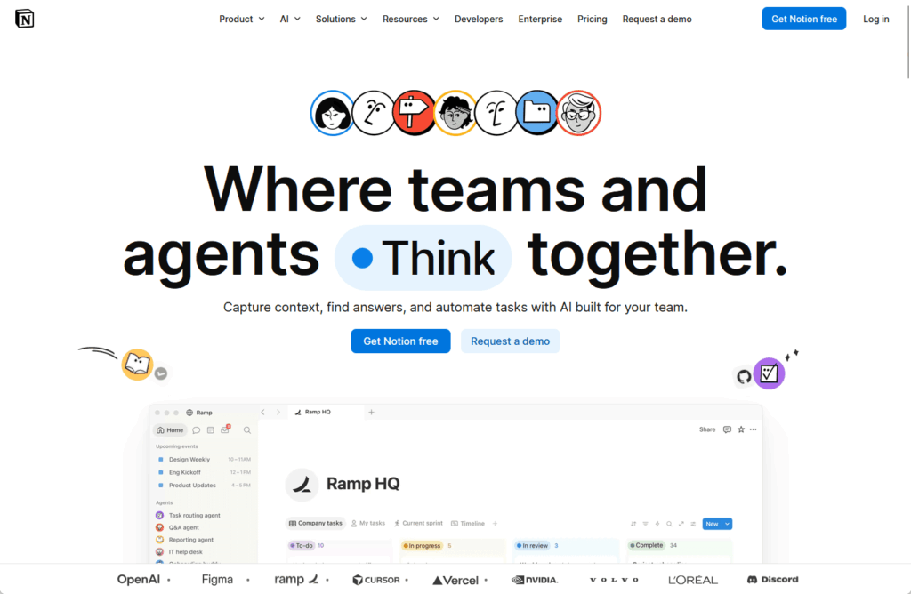 Screenshot of Notion’s website homepage featuring the tagline “Where teams and agents Think together,” navigation links at the top, and icons for collaboration. A demo workspace is shown below with company logos at the bottom.