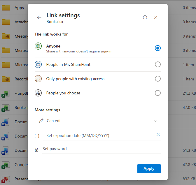 A screenshot of Link settings for sharing a file named Book.xlsx. Options include sharing with Anyone, People in Mr. SharePoint, people with existing access, or specific people. Settings for expiration date and password are shown.