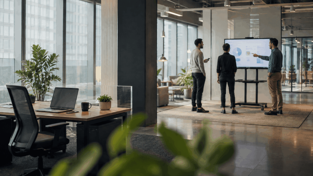 Three people stand and discuss graphs on a large monitor in a modern, open office space with glass walls, plants, and an empty desk with a laptop and coffee mug in the foreground.
