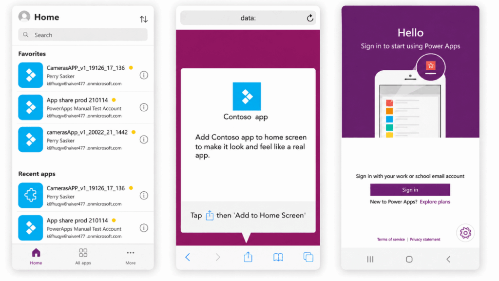 Three mobile screens show the Contoso app: a home screen with app favorites and recent activity, a guide to add the app to the home screen, and a purple sign-in page for Power Apps with an illustrated device.