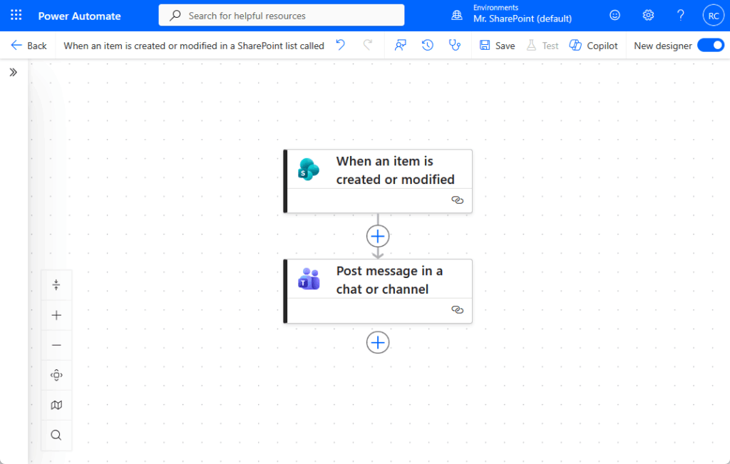 A Power Automate workflow shows two steps: triggering when an item is created or modified, and then posting a message in a chat or channel. The interface displays editing and navigation options at the top.
