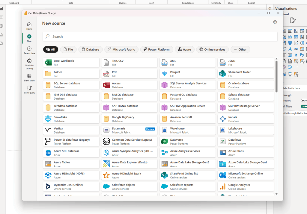 A New source window in a data application lists multiple data source options like Excel, SQL Server, Oracle, SharePoint, Google BigQuery, and cloud platforms, each with colorful icons under different tabs.