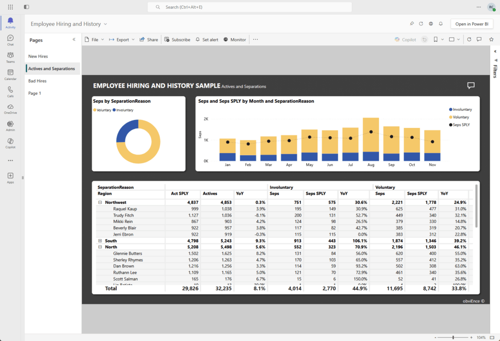 A dashboard titled Employee Hiring and History Sample shows a donut chart of separations by reason, a bar and line graph of separations per month, and a detailed data table of separation reasons by region and branch.