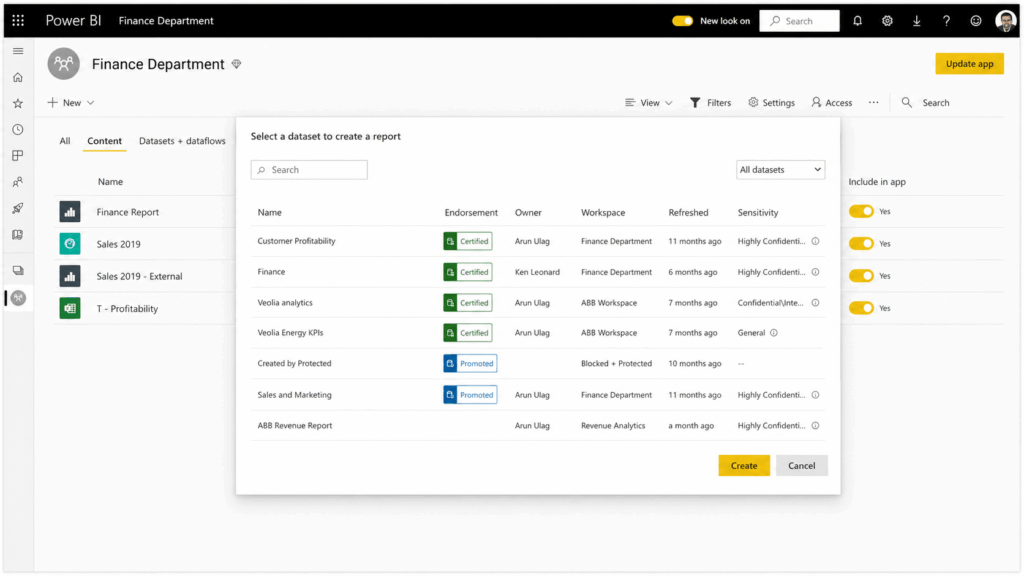 A Power BI interface shows a dialog titled “Select a dataset to create a report” with a list of datasets, their endorsement status, owner, workspace, refresh date, and sensitivity labels. The “Create” button is highlighted.