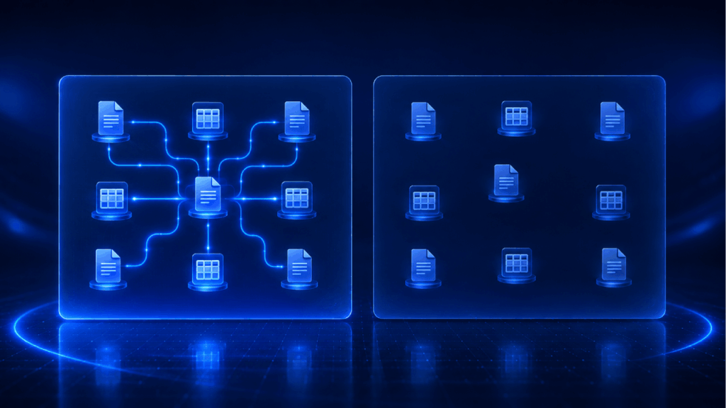Two glowing panels: the left shows interconnected file and database icons representing centralized data, while the right shows unconnected file and database icons representing decentralized data, all on a dark blue digital background.
