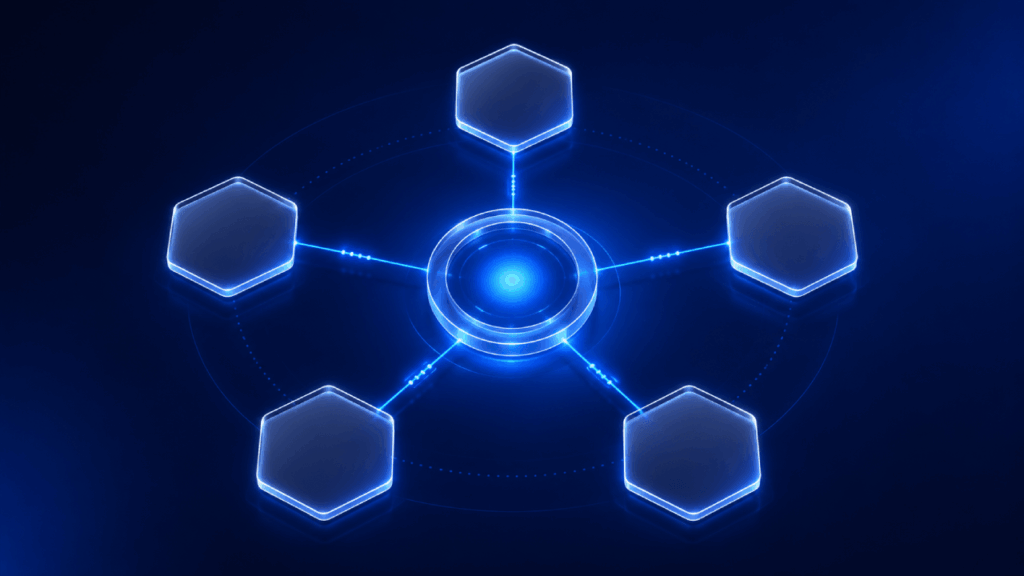 A glowing blue central circle connects to five surrounding hexagons with dotted and solid lines, creating a futuristic network or hub-and-spoke diagram on a dark background.