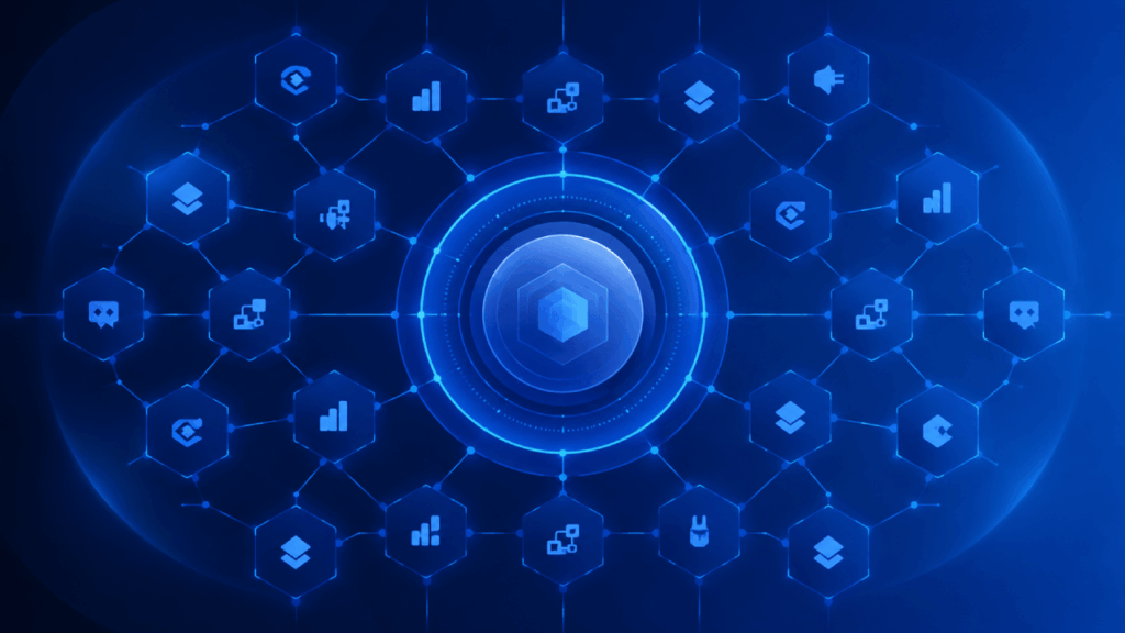 A glowing blue digital network with a central hexagon surrounded by connected hexagonal icons, representing various technology and data symbols, on a dark blue background.