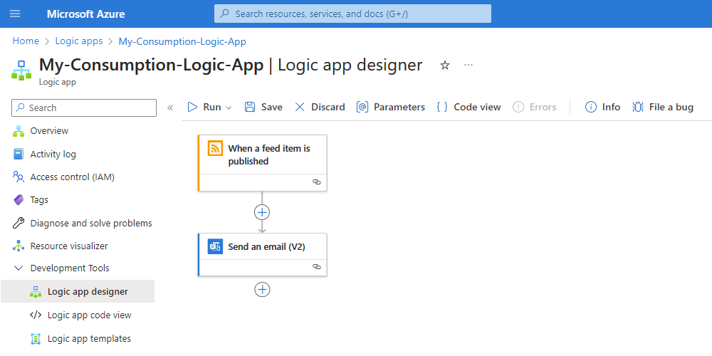 Screenshot of the Azure Logic App Designer showing a workflow. The workflow starts with When a feed item is published and then triggers Send an email (V2). Menu options are visible at the top.