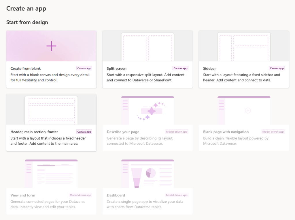 A user interface displaying options for creating an app, including templates like Create from blank, Split-screen, Sidebar, Header, main section, footer, Describe your page, Blank page with navigation, Form, and Dashboard.