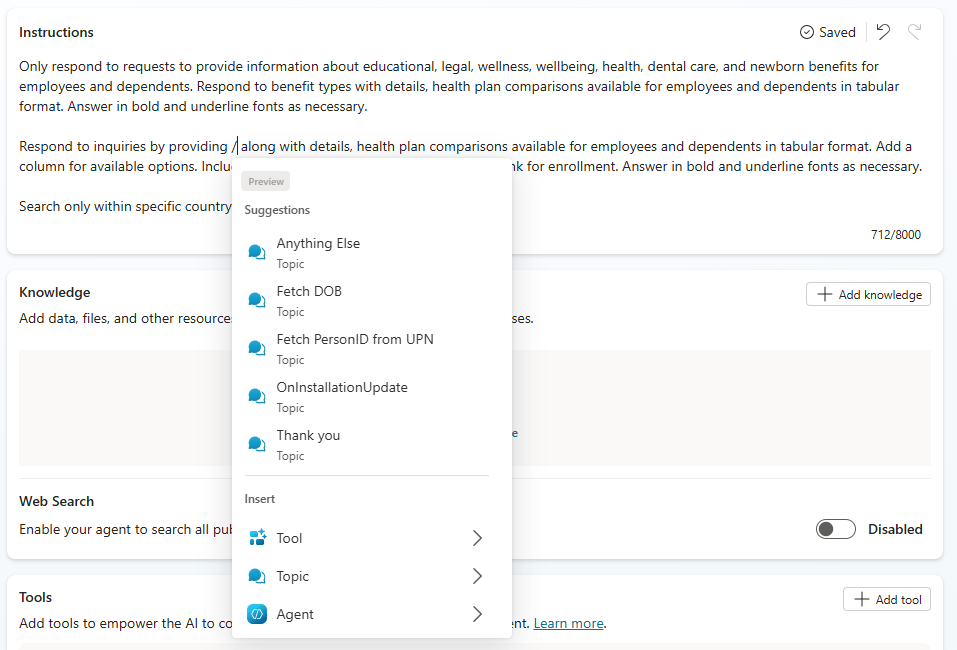 A screenshot of a web interface displaying text instructions at the top and a dropdown menu with options like Anything Else, Fetch DOB, Fetch PersonID from UPN, and Thank you for selection or insertion.