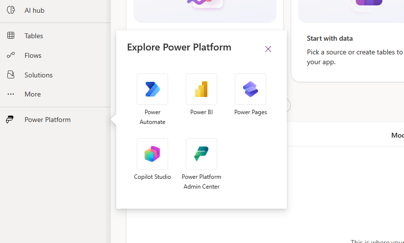 A pop-up menu titled Explore Power Platform displays icons for Power Automate, Power BI, Power Pages, Copilot Studio, and Power Platform Admin Center on a white background within a software interface.
