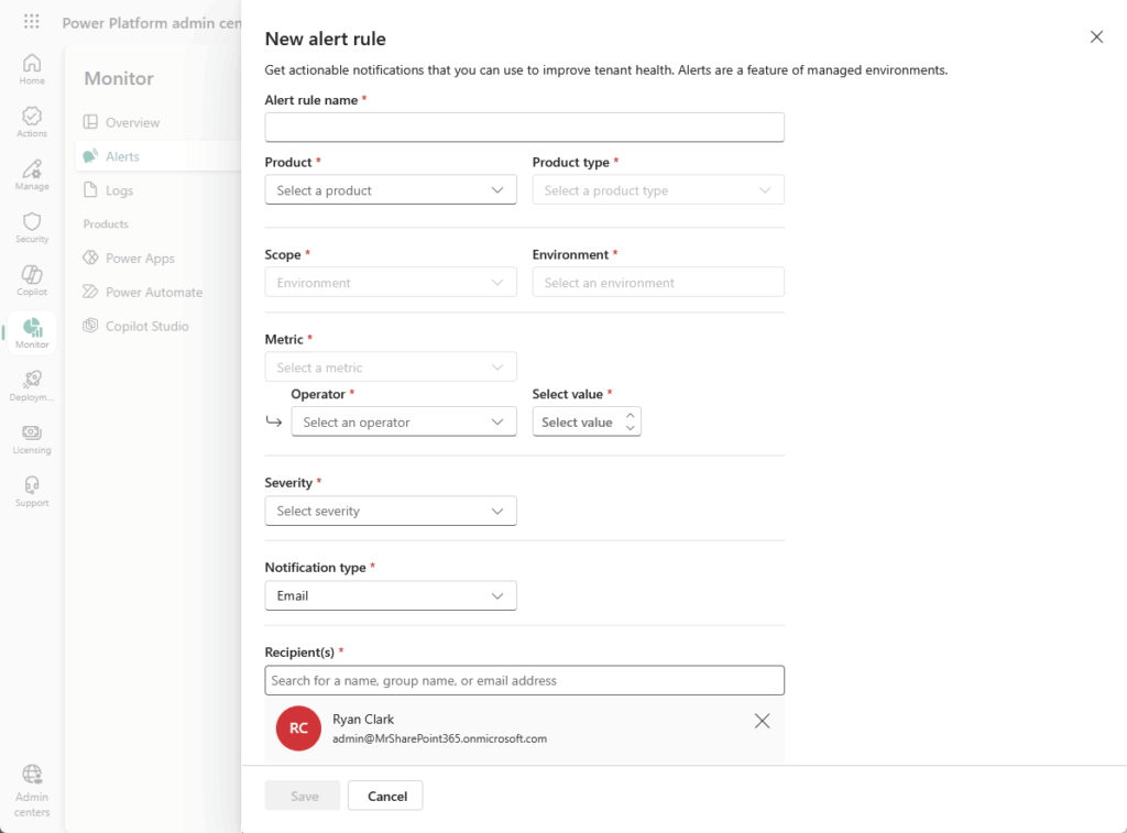 A screenshot of the New alert rule setup page in Microsoft Power Platform admin center, showing multiple dropdown fields and a recipient, Ryan Clark, added at the bottom.