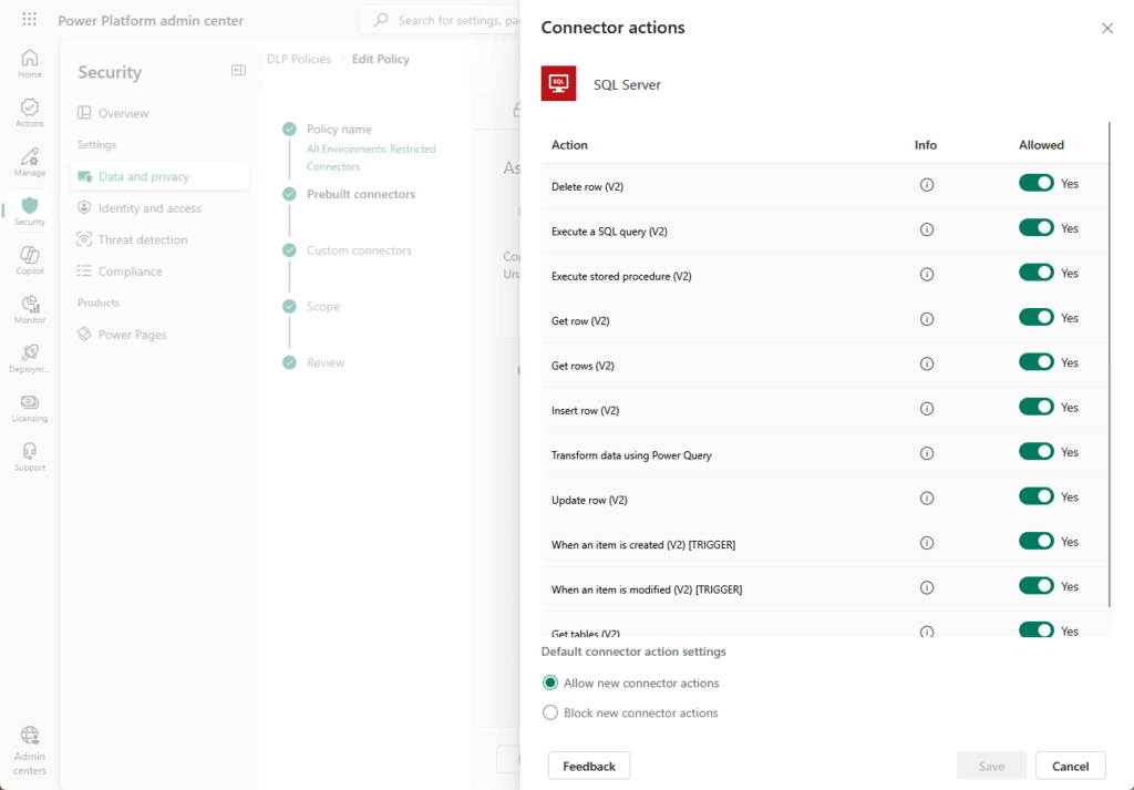 Screenshot of the Power Platform admin center showing SQL Server connector actions. Various actions like Delete row, Insert row, and Update row are toggled on, allowing these actions for the connector.