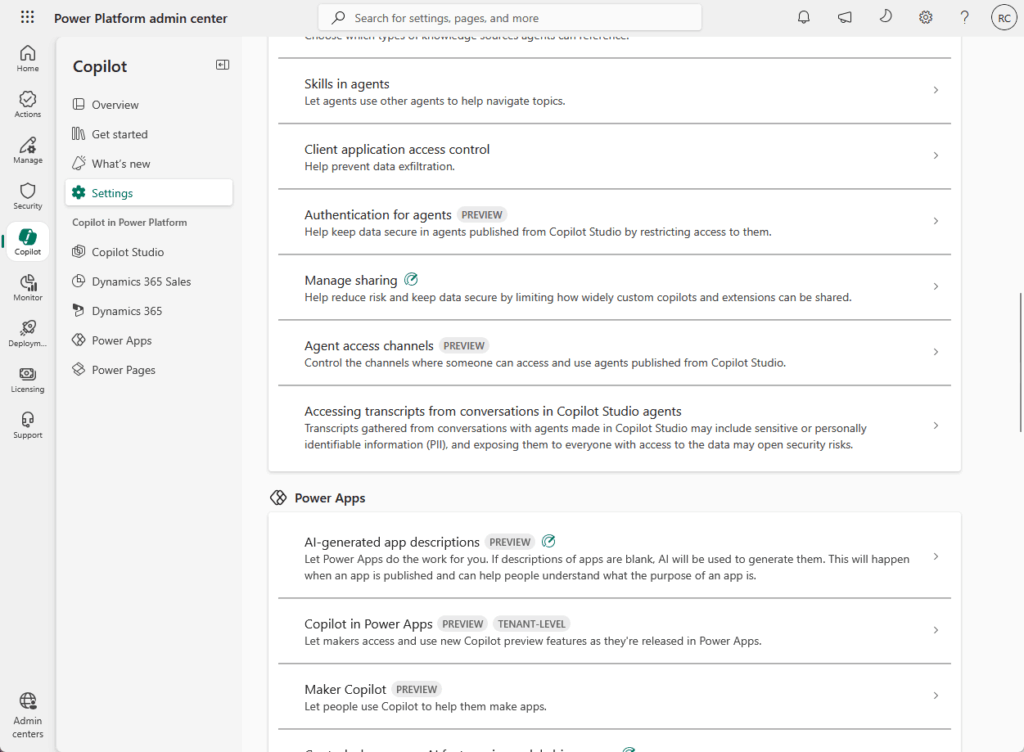 Screenshot of the Power Platform admin center showing the Copilot settings page, with options like Skills in agents, Client application access control, Authentication for agents, Manage sharing, and more listed on the main panel.