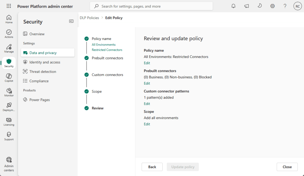 Screenshot of the Power Platform admin center showing the Review and update policy page under Security > Data and privacy. Policy details, connectors, and scope options are displayed, with buttons for editing and updating.