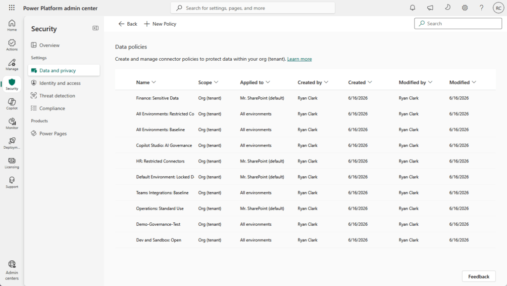 A screenshot of the Power Platform admin center showing a list of data policies under Data and privacy. Columns include Name, Scope, Applied, Created by, Created, Modified by, and Modified. All entries are created by Ryan Clark.