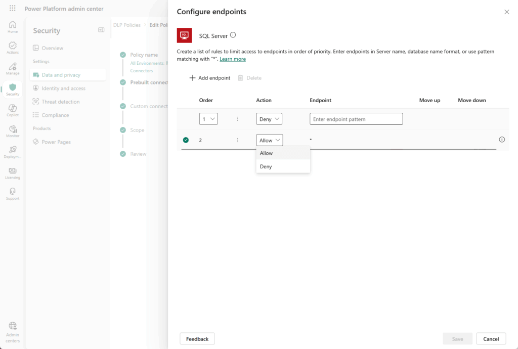 A configuration screen for SQL Server endpoints shows two rules: Order 1 set to “Deny” and Order 2 being edited, with the “Action” dropdown open to display “Allow” and “Deny” options. The interface is clean and minimal.