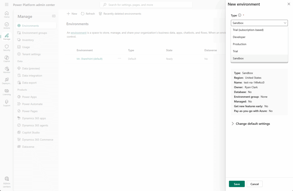 Screenshot of the Power Platform admin center showing the Manage Environments section on the left and a New environment settings panel on the right, where details for creating a sandbox environment are being entered.