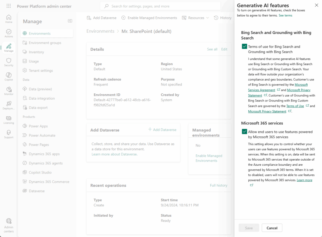 Screenshot of the Power Platform admin center showing the “Environments” page. A Generative AI features settings panel is open on the right, displaying options for Bing Search and Microsoft 365 as AI grounding data sources.