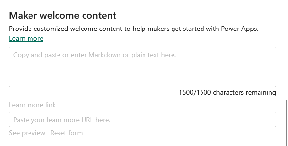 Screenshot of a form titled Maker welcome content with fields to enter Markdown or text and a Learn more link, plus an area to add a URL and options to see a preview or reset the form.
