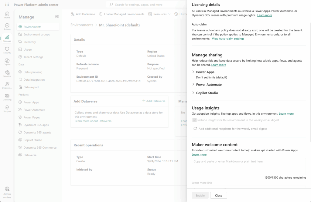 Screenshot of the Power Platform admin center showing details of an environment. Sections include Environment settings, recent operations, licensing details, sharing management, usage insights, and maker welcome content.