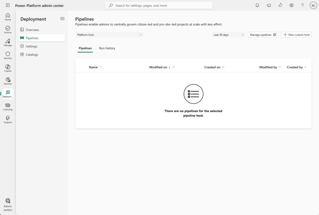 Screenshot of the Power Platform admin center displaying the Pipelines section under Deployment. The main panel shows no pipelines are available for the selected pipeline host. Navigation menu is on the left.