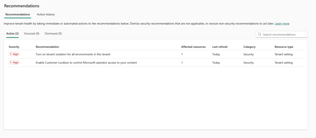 Screenshot of a recommendations dashboard showing two high severity security recommendations: enabling tenant isolation and enabling Customer Lockbox, both listed as tenant settings with one affected resource each.