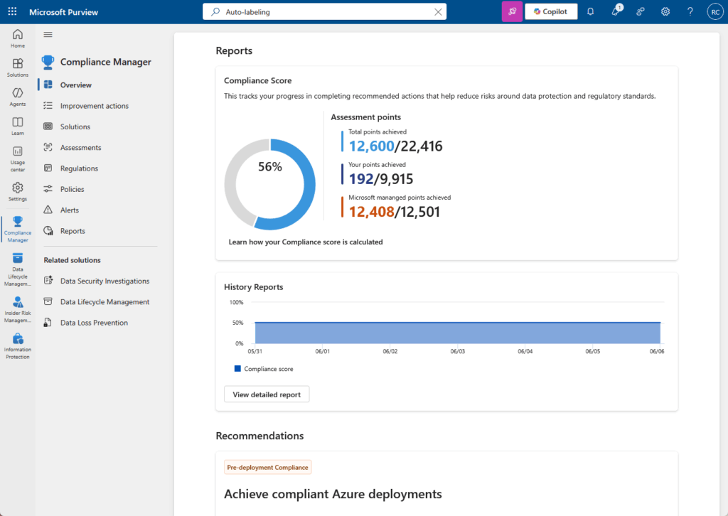 A dashboard in Microsoft Purview Compliance Manager shows a 56% compliance score, total points achieved, improvement actions, and a graph of compliance scores over time, with recommendations below.