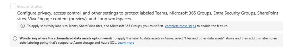 Screenshot of a Microsoft 365 admin settings section for configuring privacy, access control, and sensitivity labels for Teams, SharePoint, and more, with informational notes and clickable help links.