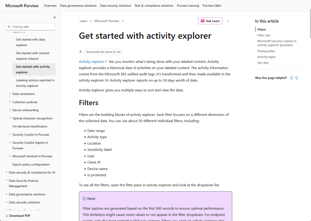 A Microsoft Purview documentation page titled Get started with activity explorer explains how to use filters to monitor labeled content, with a menu on the left and a highlighted information box about filter limits.
