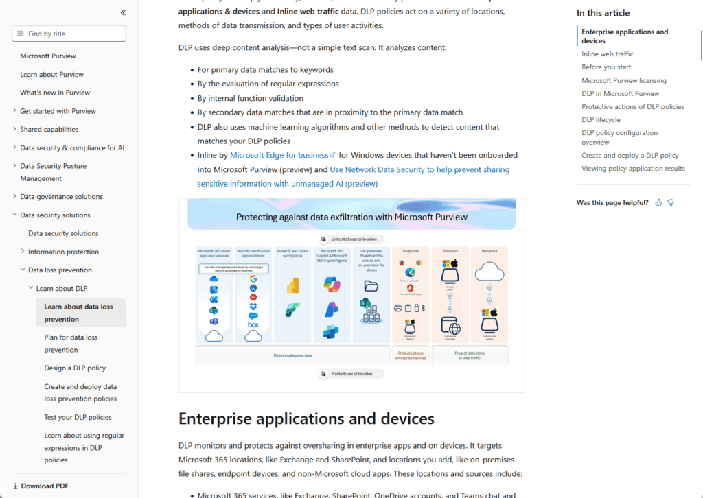 A webpage about DLP policies in Microsoft Purview shows a navigation pane on the left, text in the center, and a diagram illustrating data loss prevention across devices and apps with cloud icons and labeled connections.
