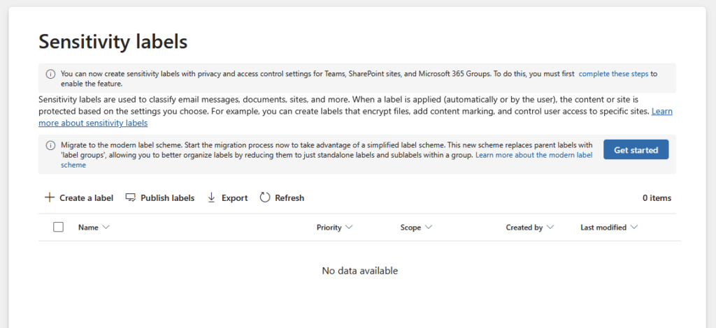 A Microsoft 365 admin center page for managing Sensitivity labels. It shows instructions, a Get started button, and a table with columns for name, priority, scope, status, and last modified but no data displayed.
