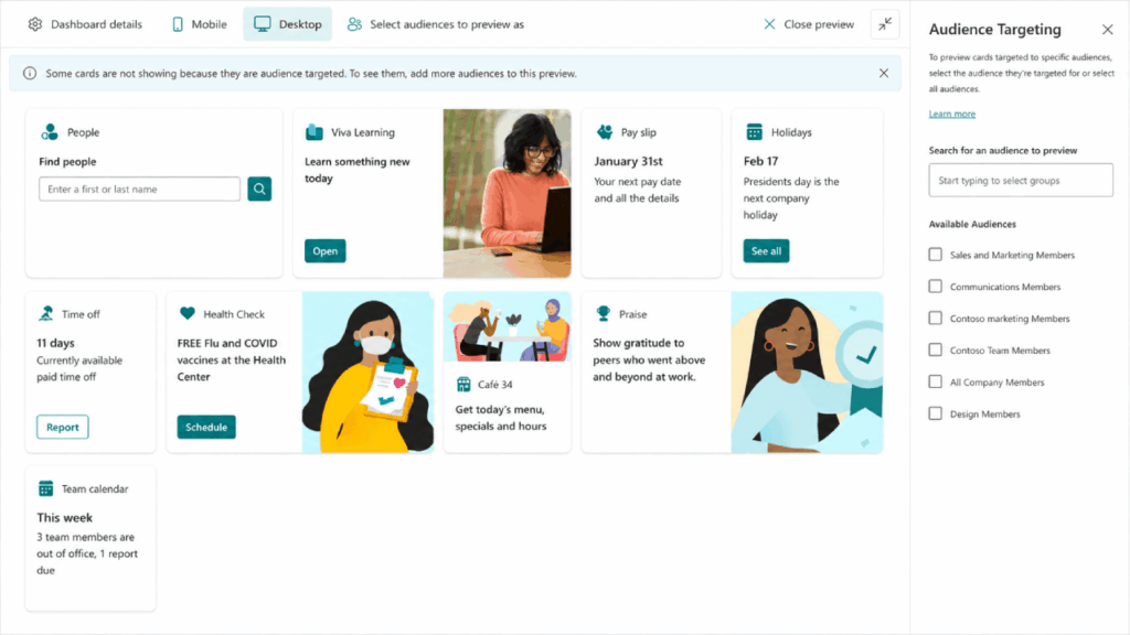 A desktop dashboard displays various audience targeting cards, including events, classes, COVID information, pay slips, holidays, and a calendar, with navigation options and an audience selection panel on the right.