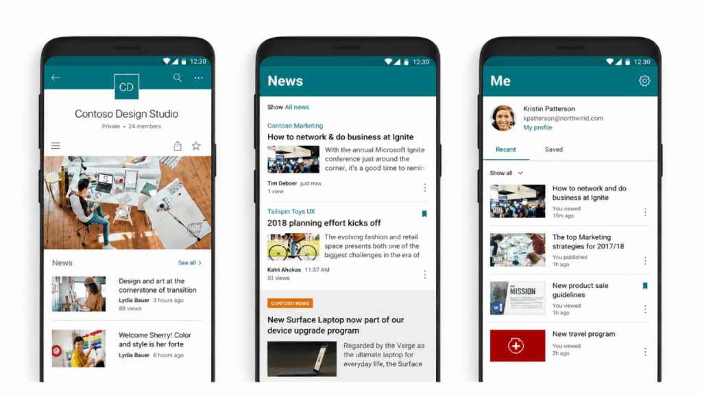 Three smartphone screens displaying different sections of a business app: a team workspace, a news feed with articles, and a user profile with activity and suggested content.