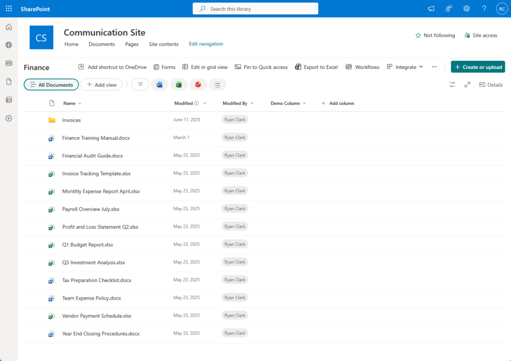 A SharePoint Communication Site page is displayed, showing a Finance document library with various files listed by name, date modified, modified by, and file type. The Create or upload button is visible on the right.