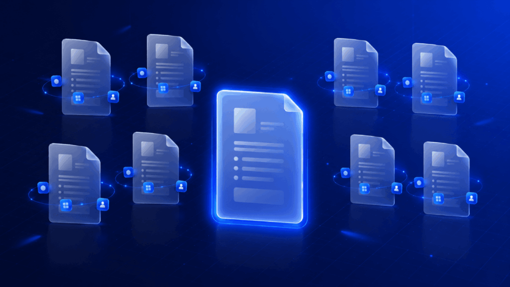 Digital illustration of multiple translucent document icons connected by lines on a dark blue background, with one central document glowing brightly, symbolizing data sharing or a central database.