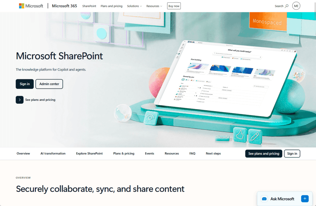 Screenshot of the Microsoft SharePoint webpage showing a computer graphic, navigation menus, sign-in buttons, and sections for plans, pricing, and features. Text highlights collaboration and sharing content securely.